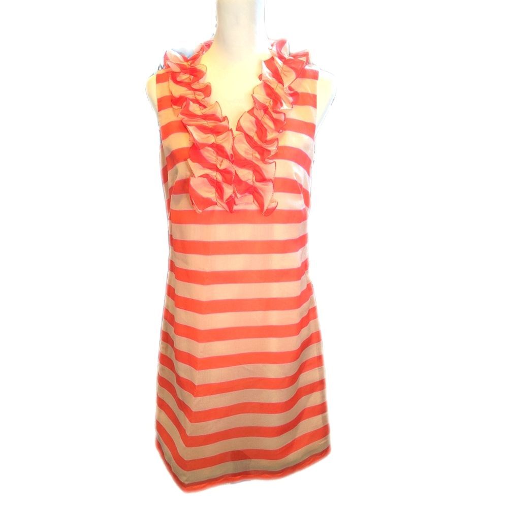 Jade Coral and Cream Striped Ruffle V-Neck Mini Dress
